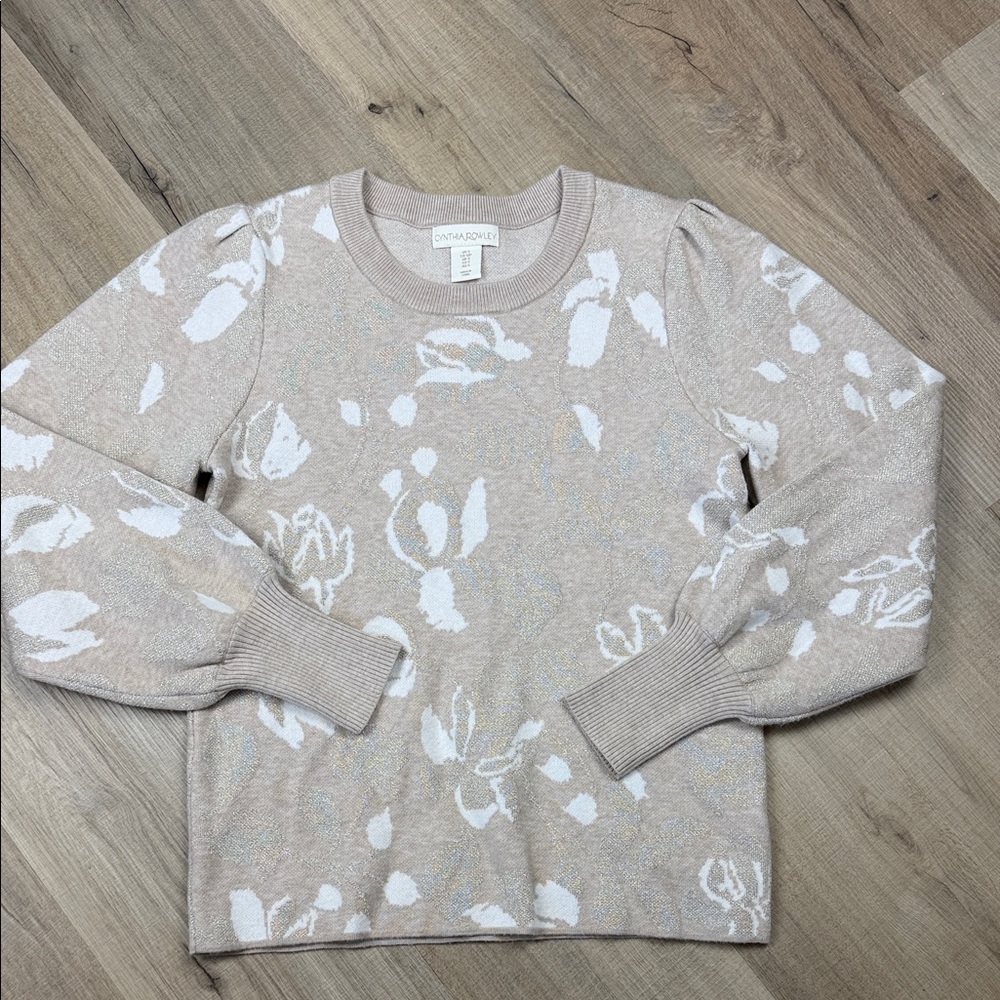 Cynthia Rowley Metallic Lurex‎ Tan and White Floral Crewneck Sweater Size Small